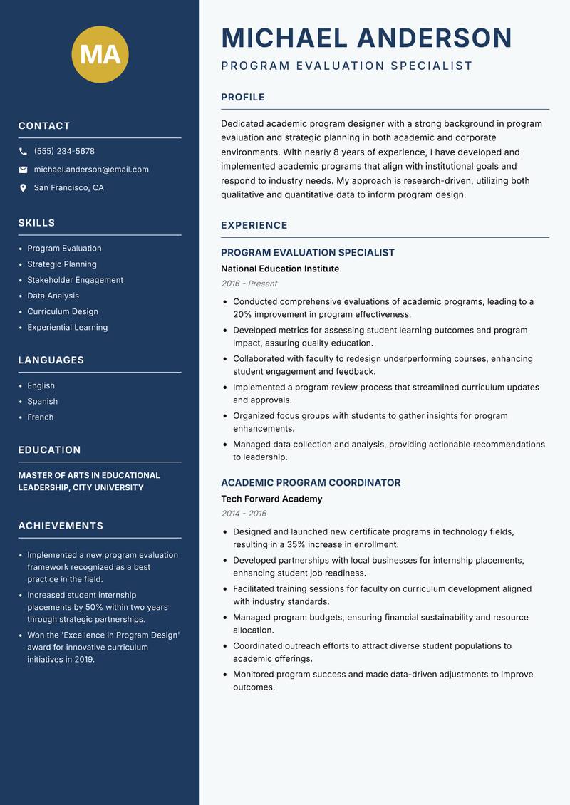 Academic Program Designer resume sample — Program Evaluation Specialist focus