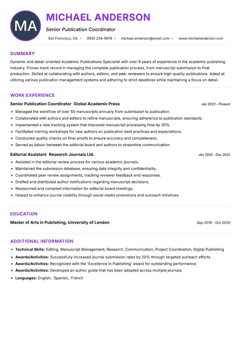 Academic Publications Specialist resume example