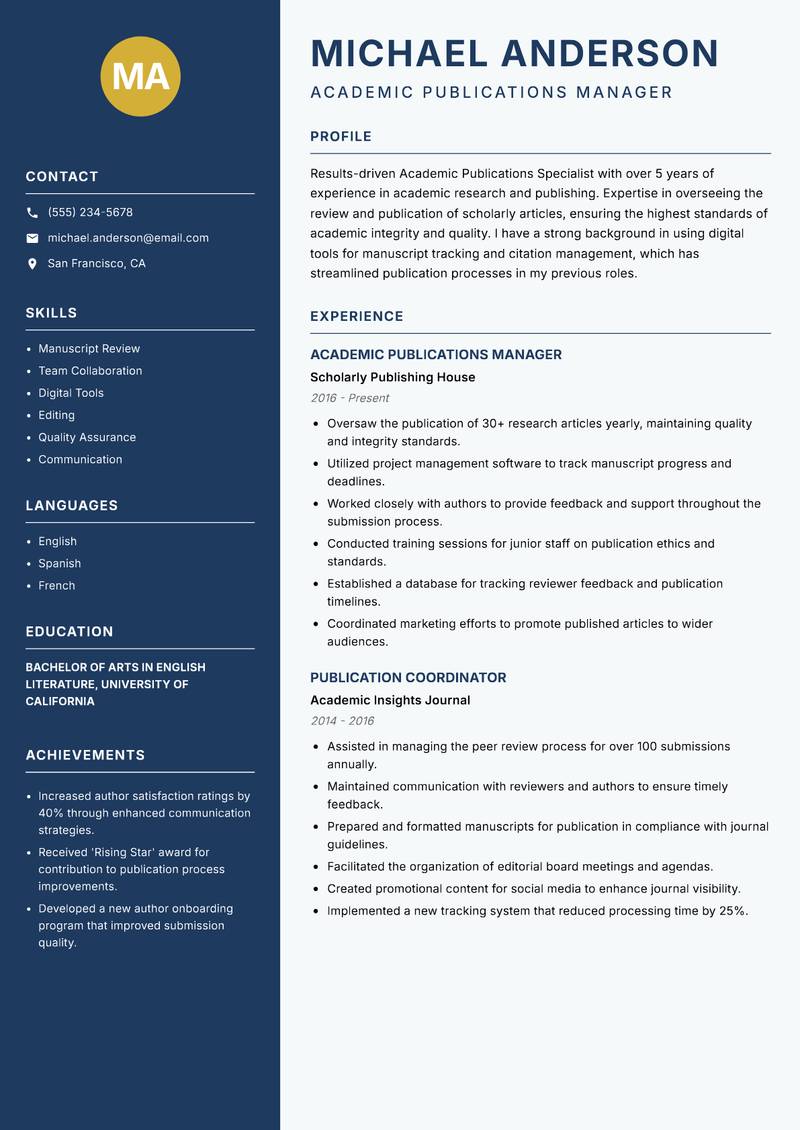 Academic Publications Specialist resume sample — Academic Publications Manager focus