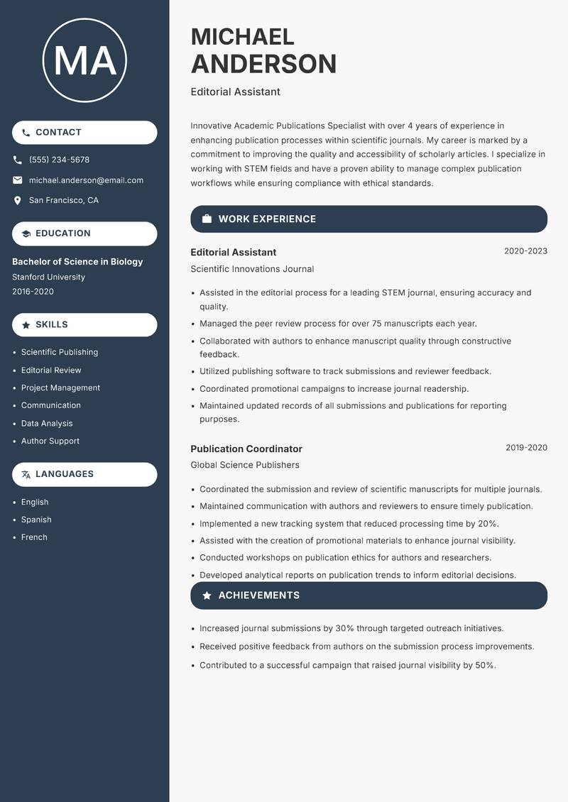 Academic Publications Specialist resume sample — Editorial Assistant focus