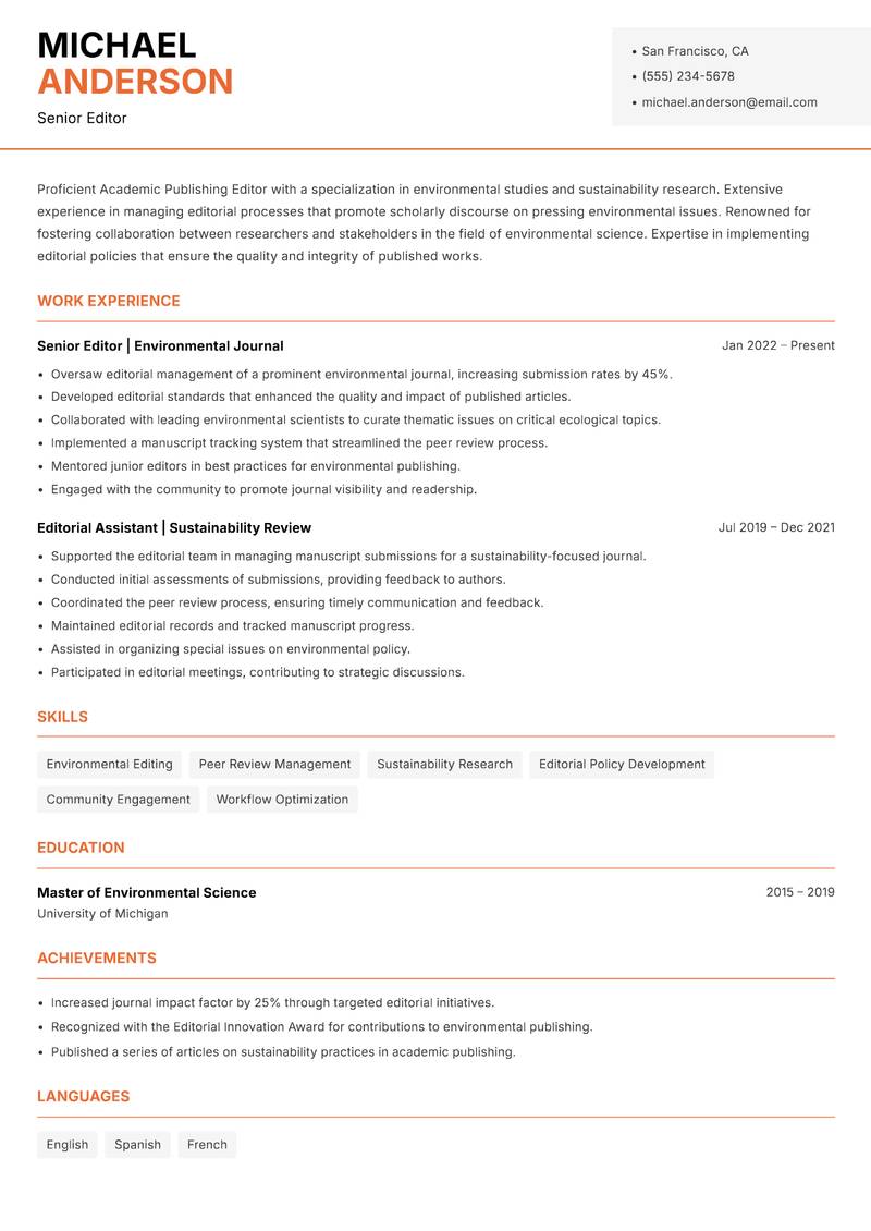 Academic Publishing Editor resume sample — Senior Editor focus
