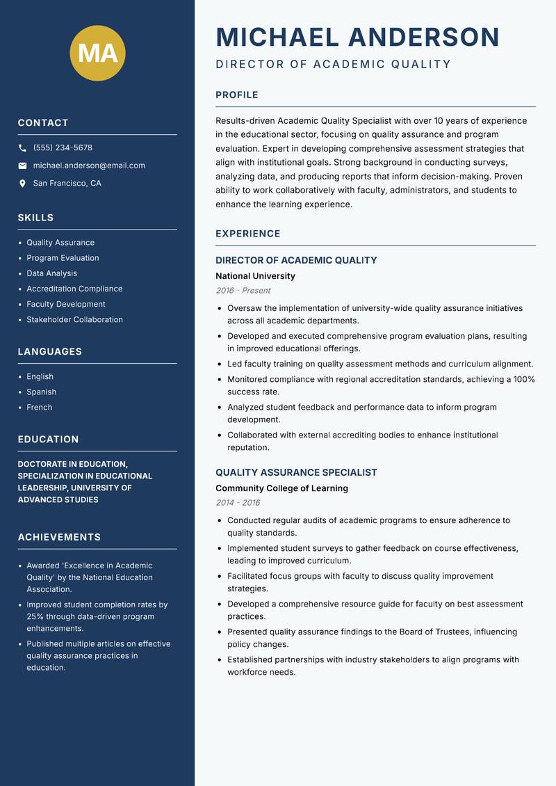 Academic Quality Specialist resume sample — Director of Academic Quality focus