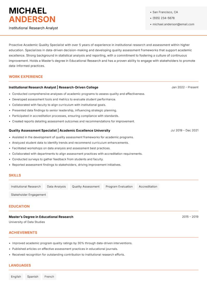 Academic Quality Specialist resume sample — Institutional Research Analyst focus