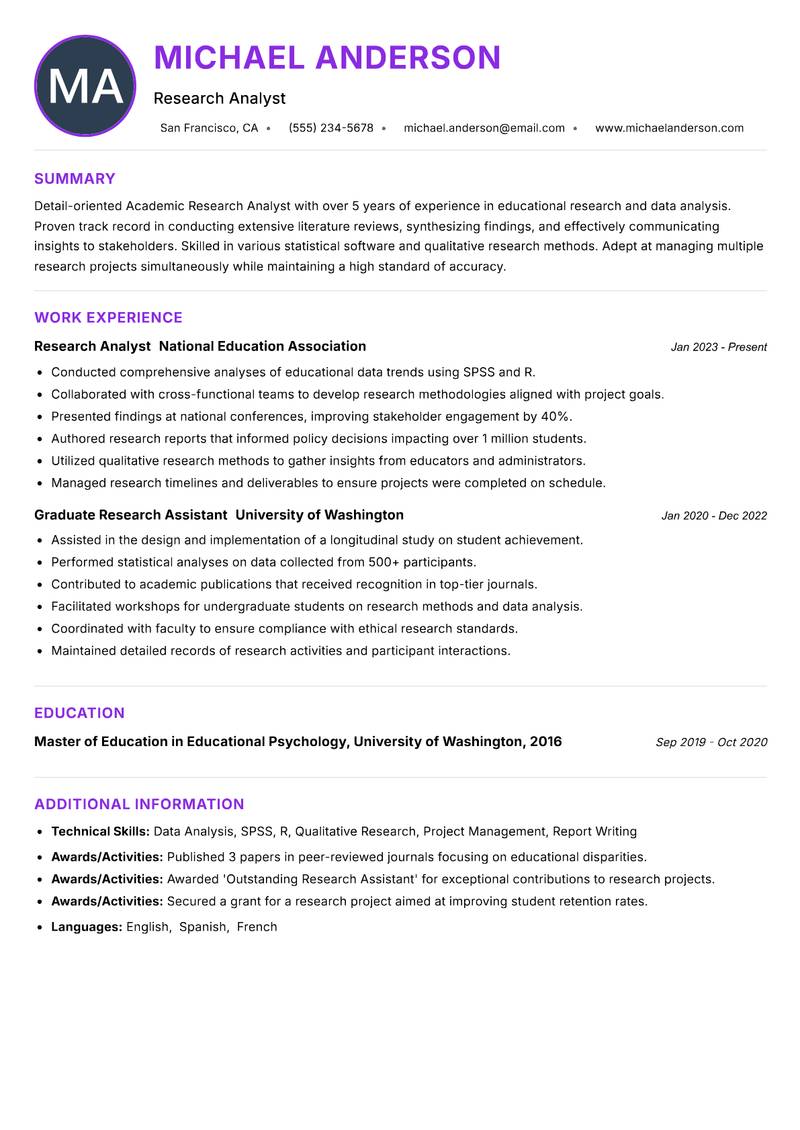 Academic Research Analyst resume example
