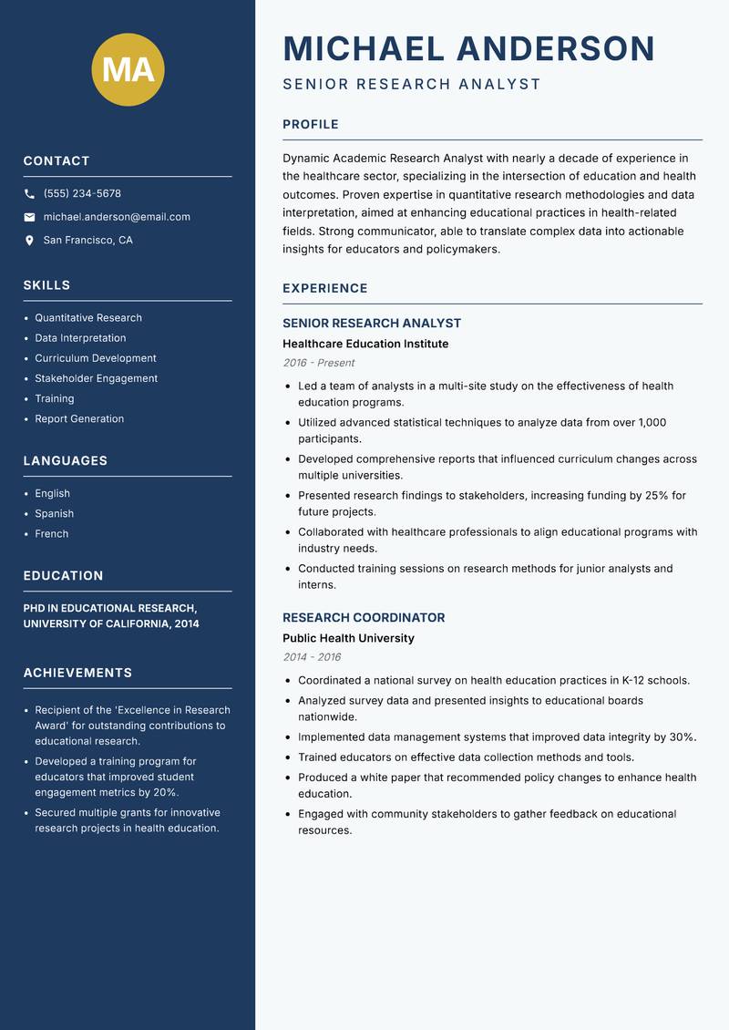 Academic Research Analyst resume sample — Senior Research Analyst focus