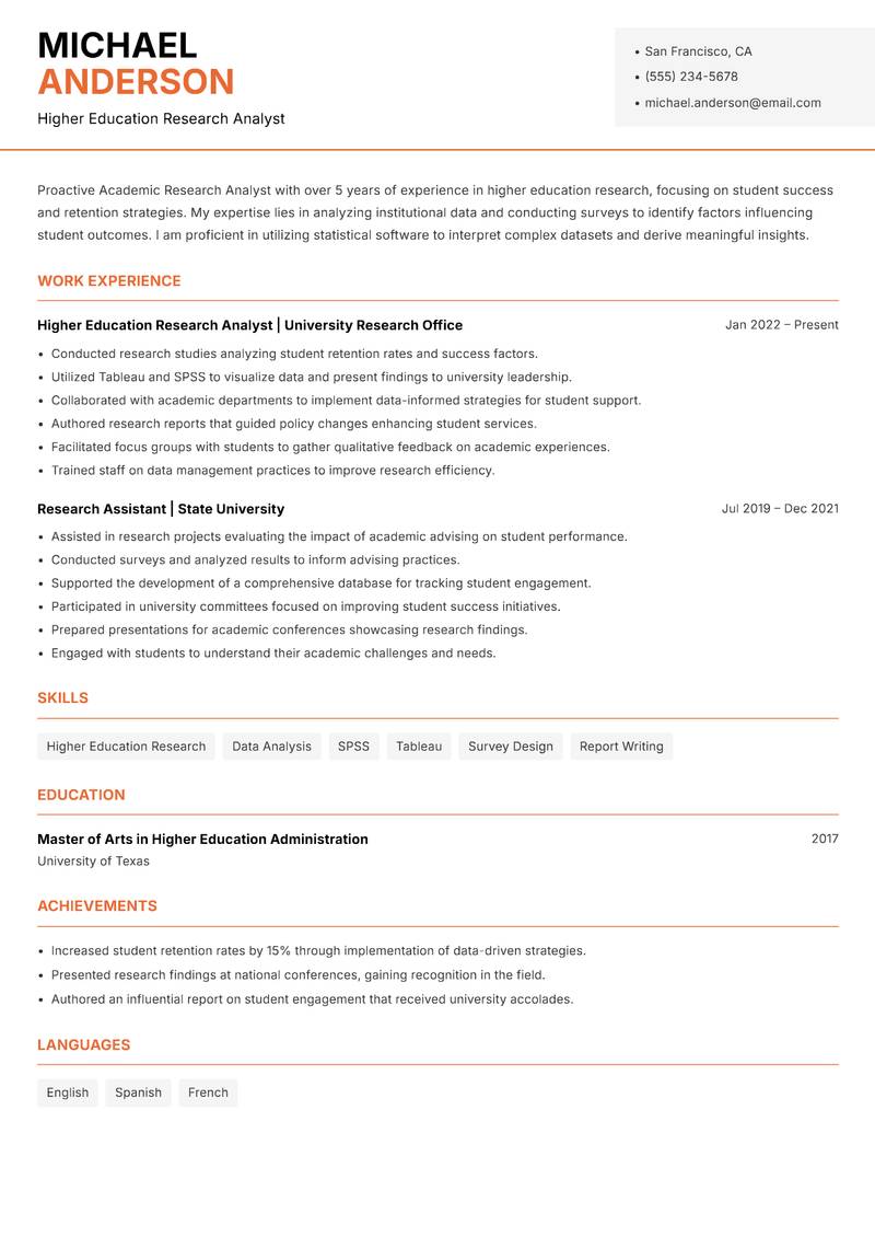 Academic Research Analyst resume sample — Higher Education Research Analyst focus