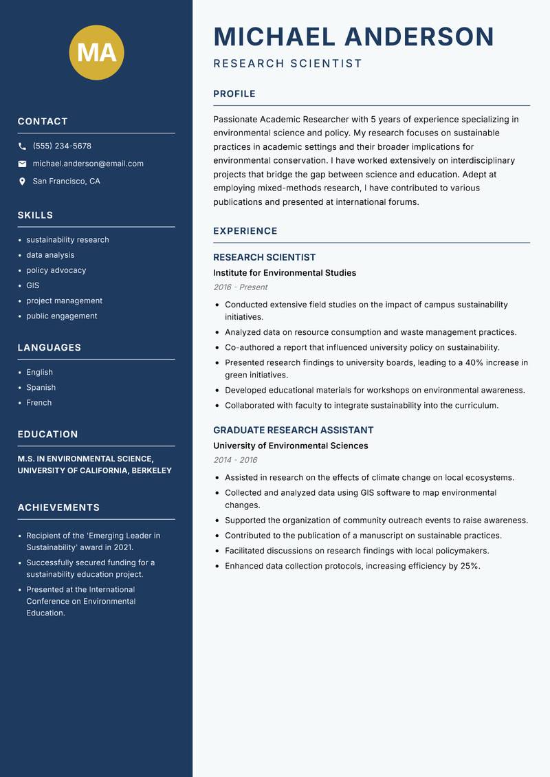 Academic Researcher resume sample — Research Scientist focus