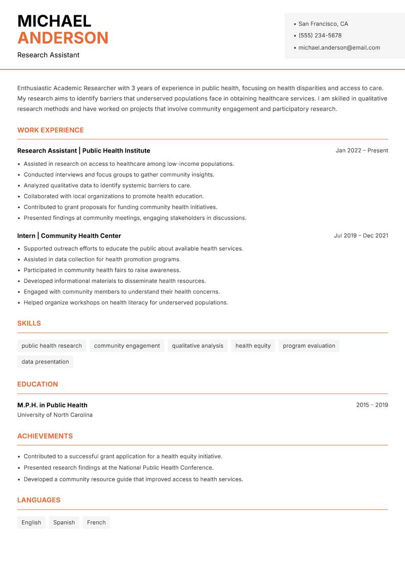 Academic Researcher resume sample — Research Assistant focus