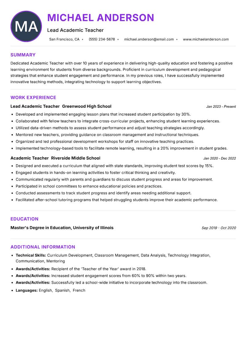 Academic Teacher resume example — School Education