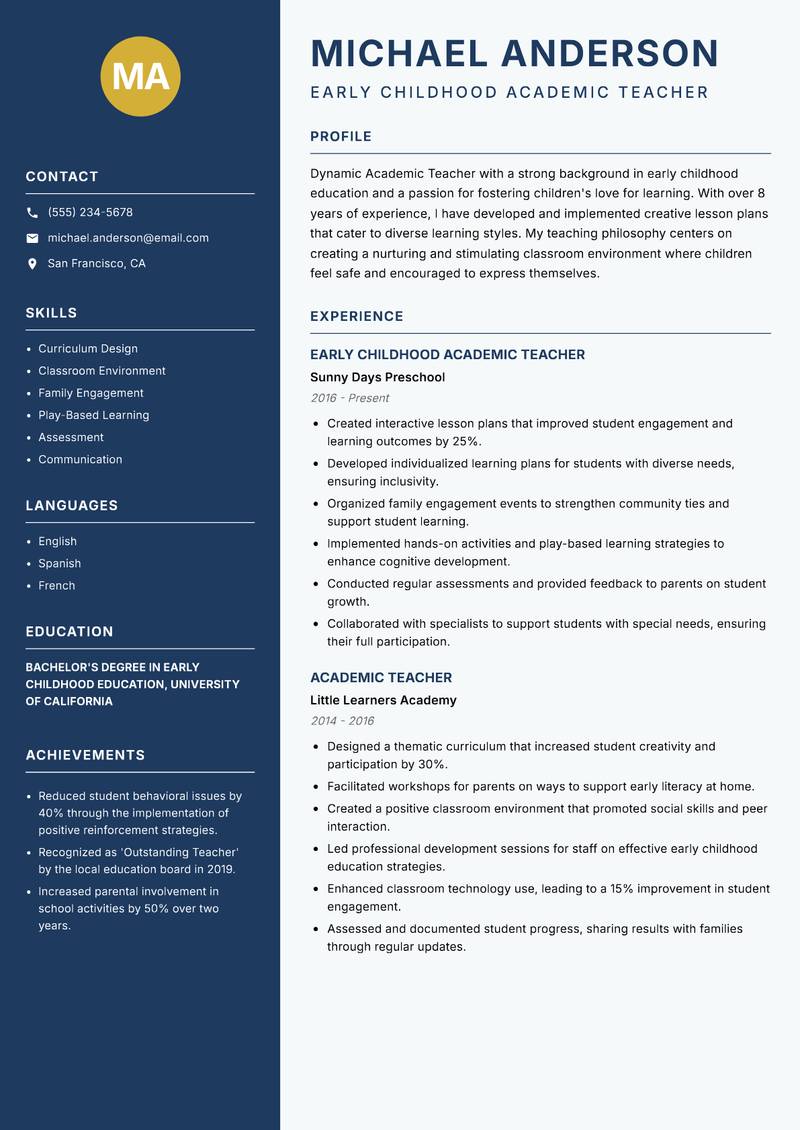 Academic Teacher resume sample — Early Childhood Academic Teacher focus