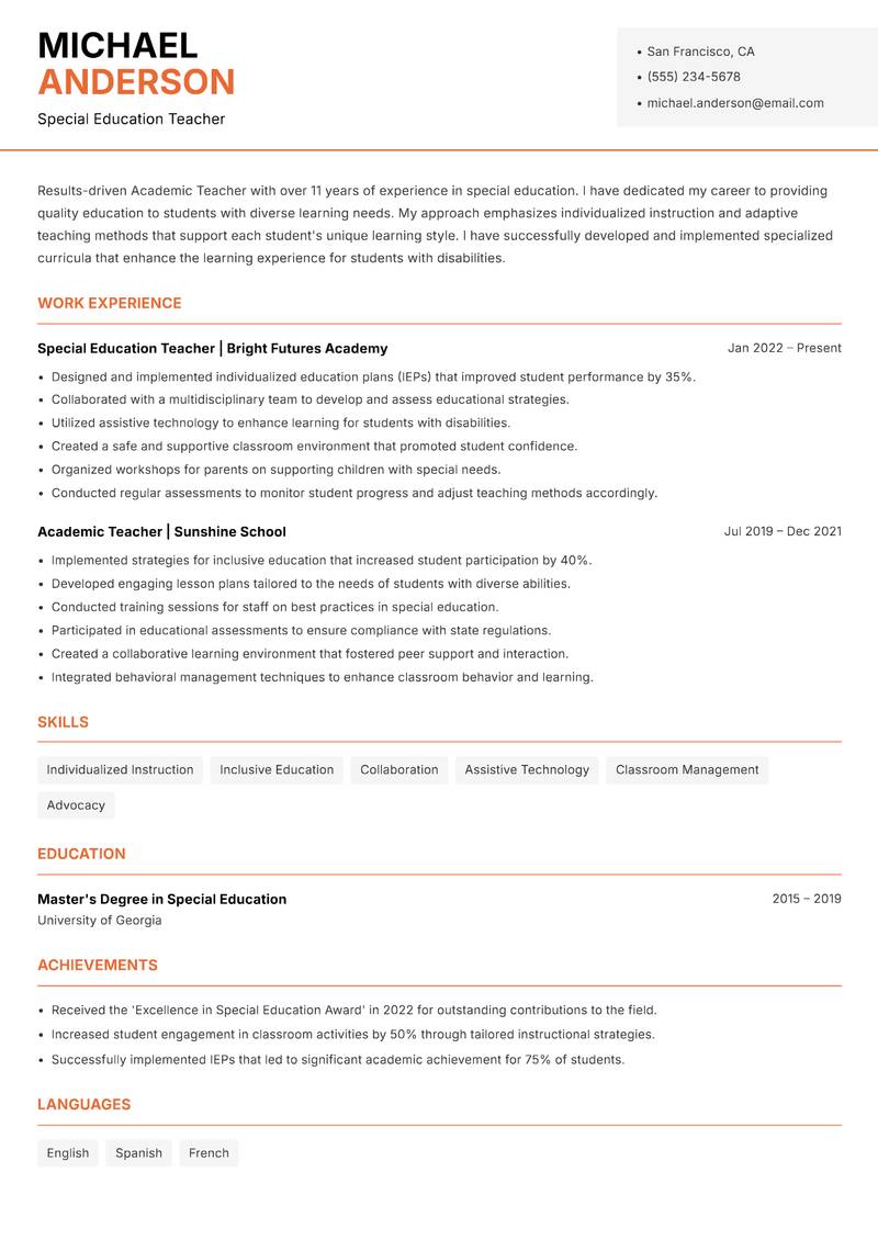Academic Teacher resume sample — Special Education Teacher focus
