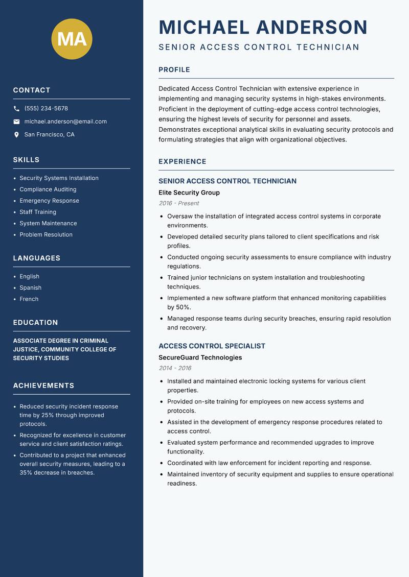 Access Control Technician resume sample — Senior Access Control Technician focus