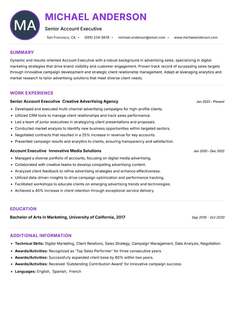 Account Executive Advertising resume example — Advertising