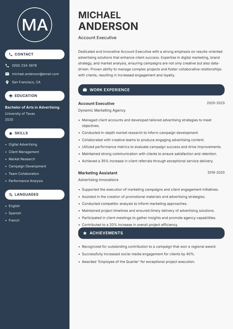 Account Executive Advertising resume sample — Account Executive focus