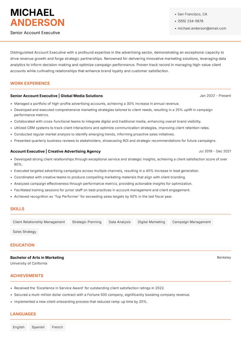 Account Executive Advertising resume sample — Senior Account Executive focus