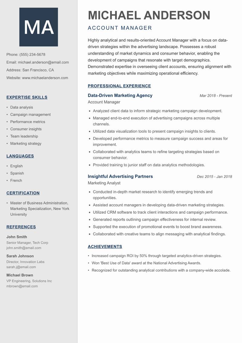 Account Manager Advertising resume sample — Account Manager focus