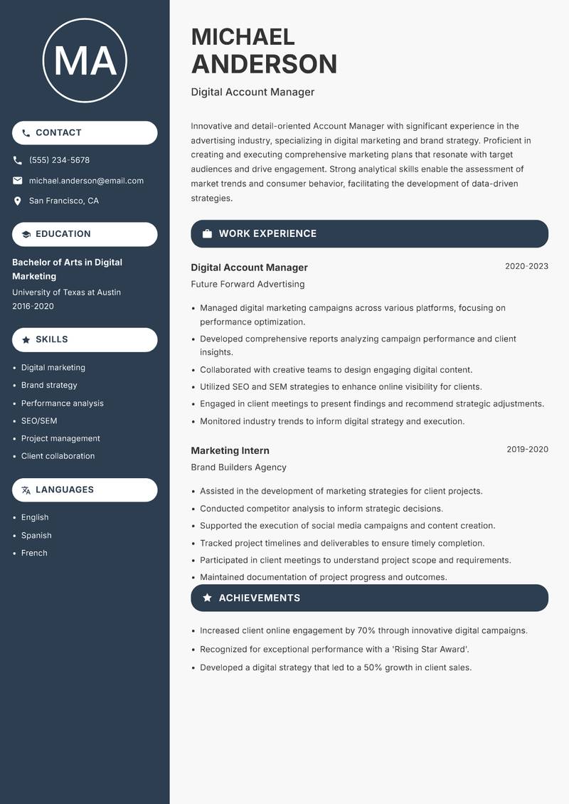 Account Manager Advertising resume sample — Digital Account Manager focus