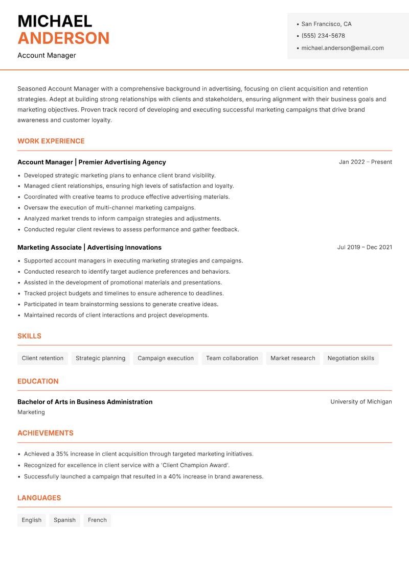 Account Manager Advertising resume sample — Account Manager focus
