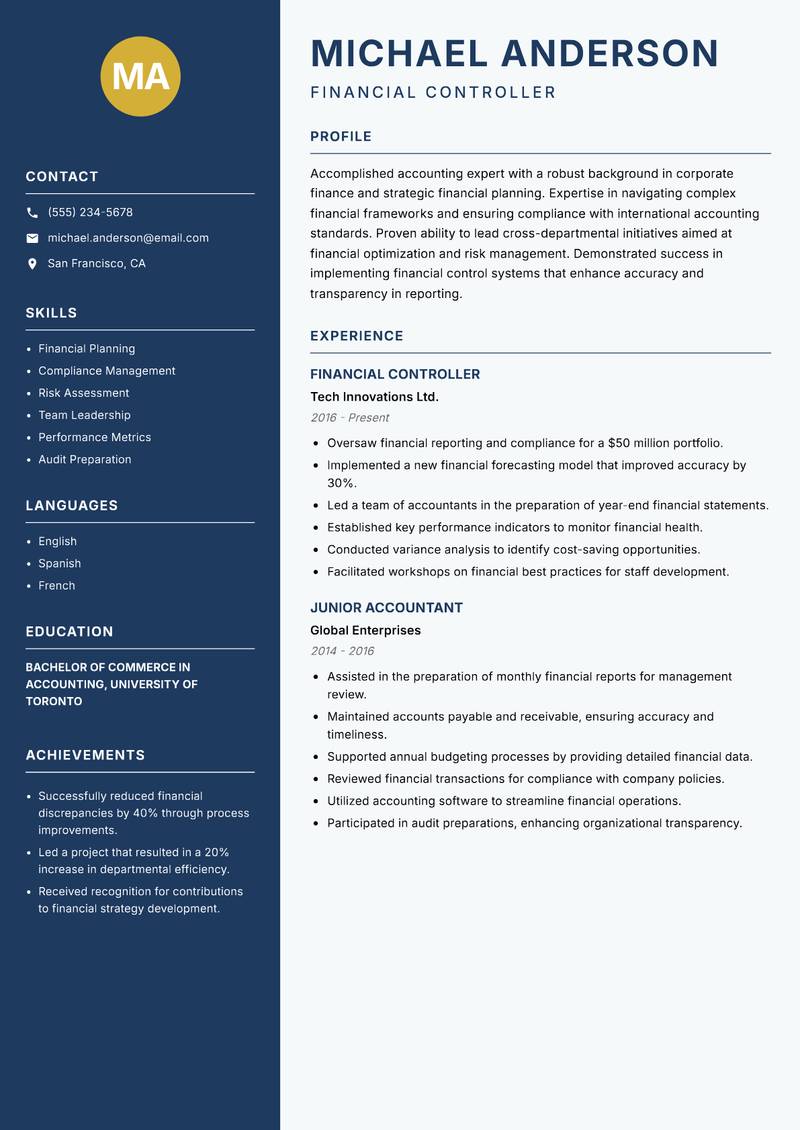 Accountant resume sample — Financial Controller focus