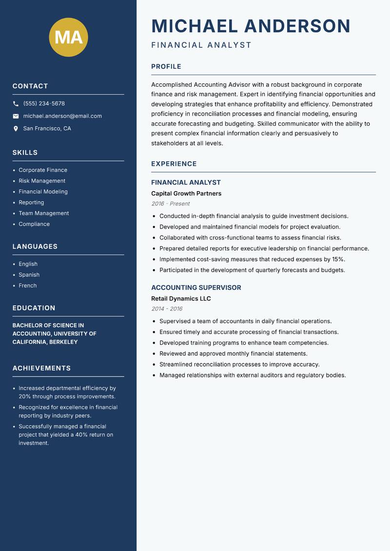 Accounting Advisor resume sample — Financial Analyst focus