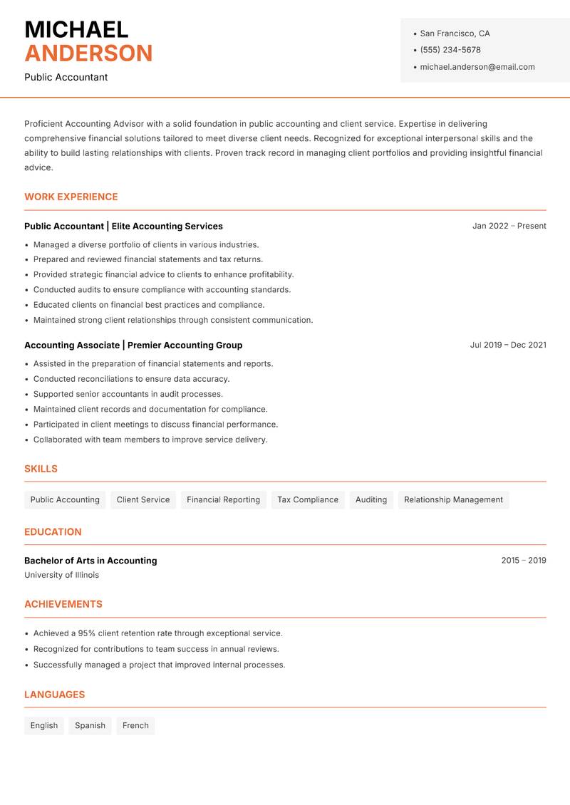 Accounting Advisor resume sample — Public Accountant focus
