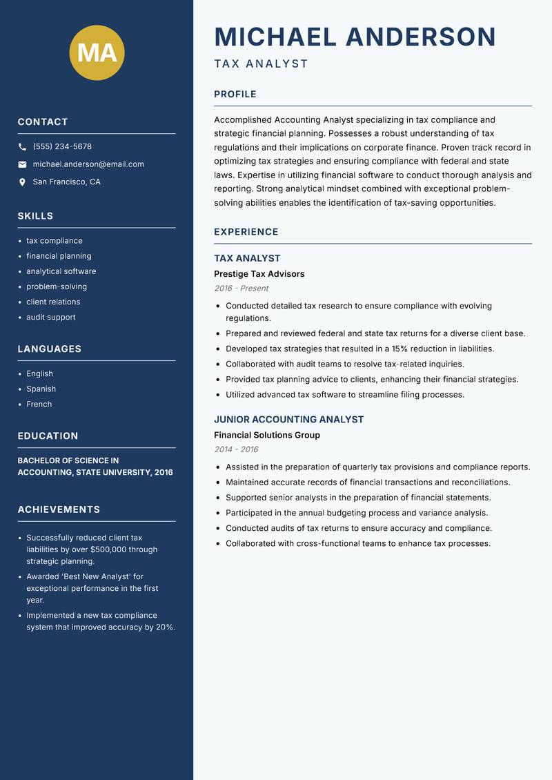 Accounting Analyst resume sample — Tax Analyst focus