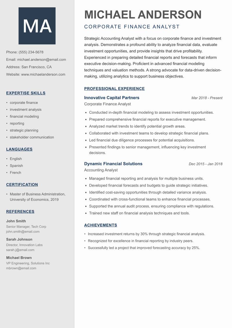 Accounting Analyst resume sample — Corporate Finance Analyst focus