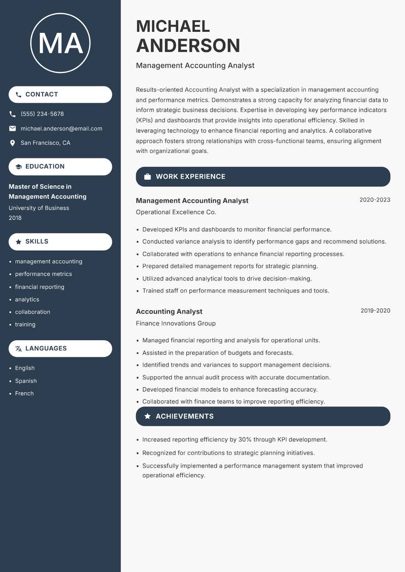 Accounting Analyst resume sample — Management Accounting Analyst focus