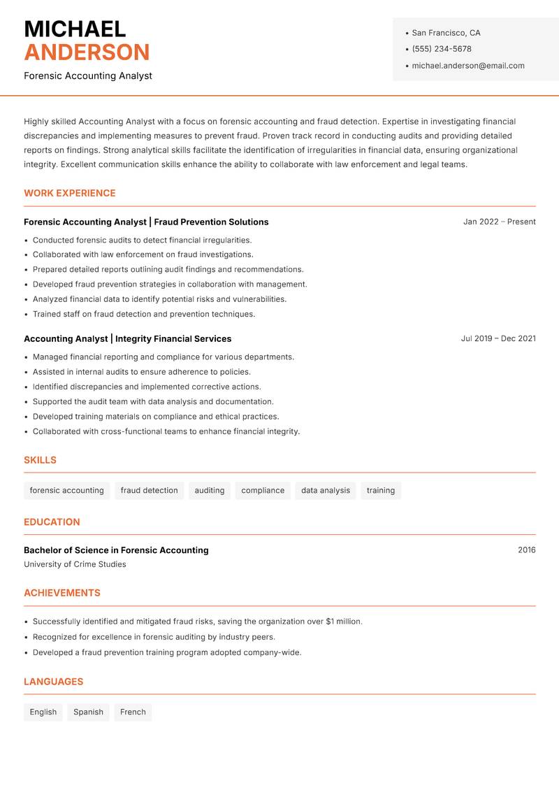 Accounting Analyst resume sample — Forensic Accounting Analyst focus