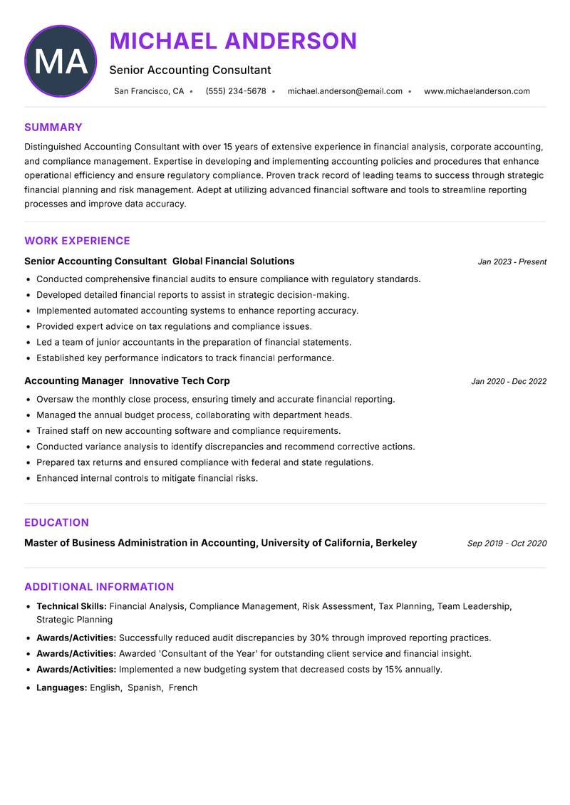 Accounting Consultant resume example