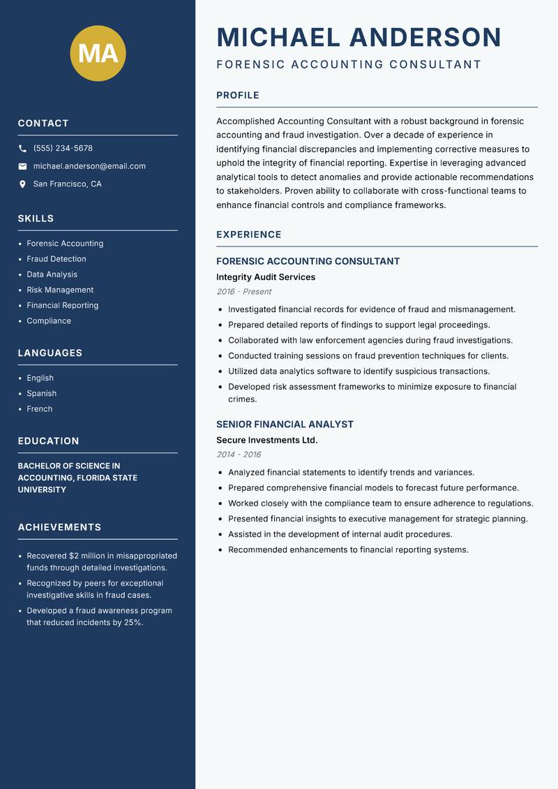 Accounting Consultant resume sample — Forensic Accounting Consultant focus