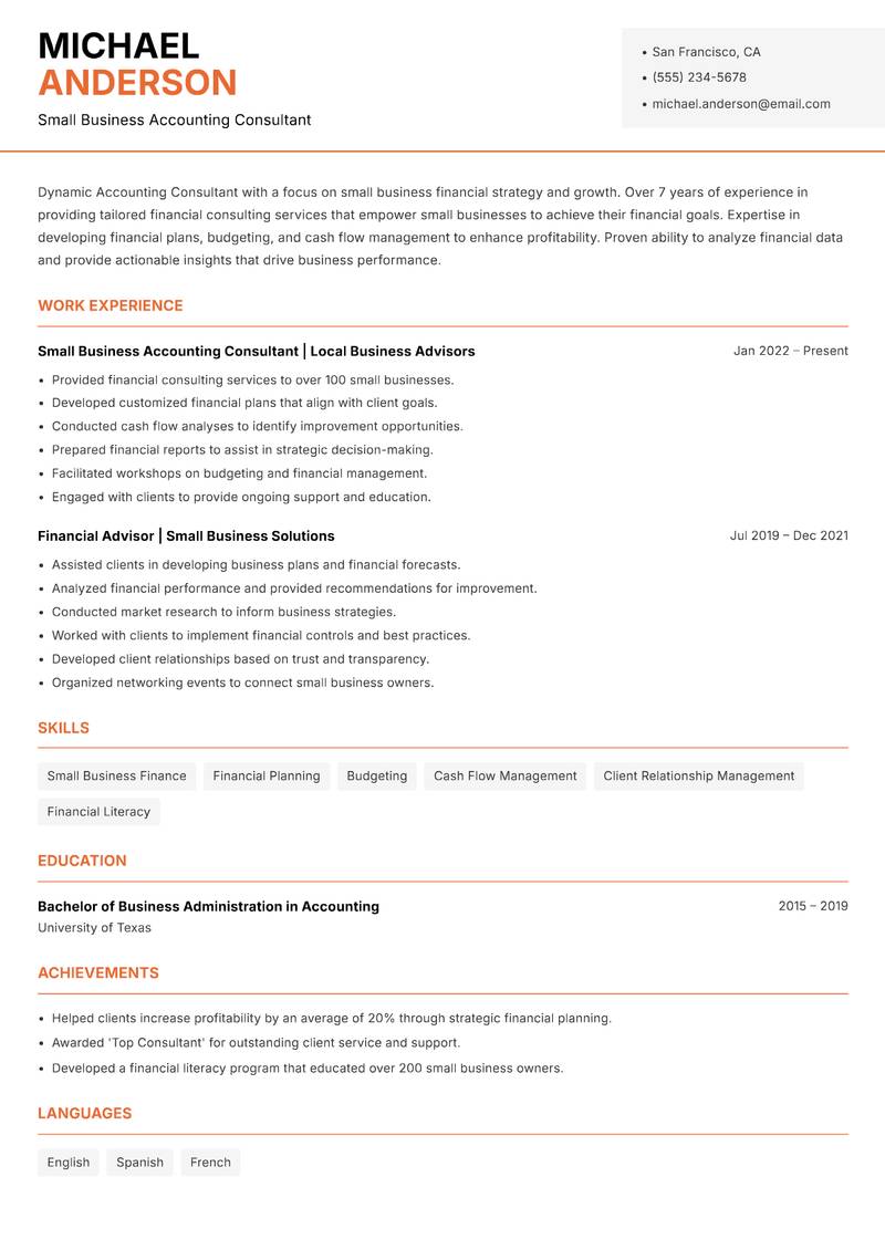 Accounting Consultant resume sample — Small Business Accounting Consultant focus