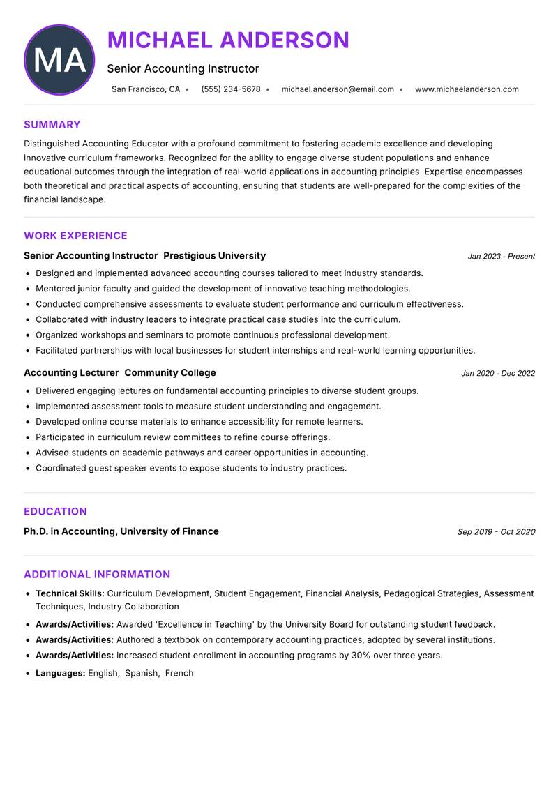 Accounting Educator resume example