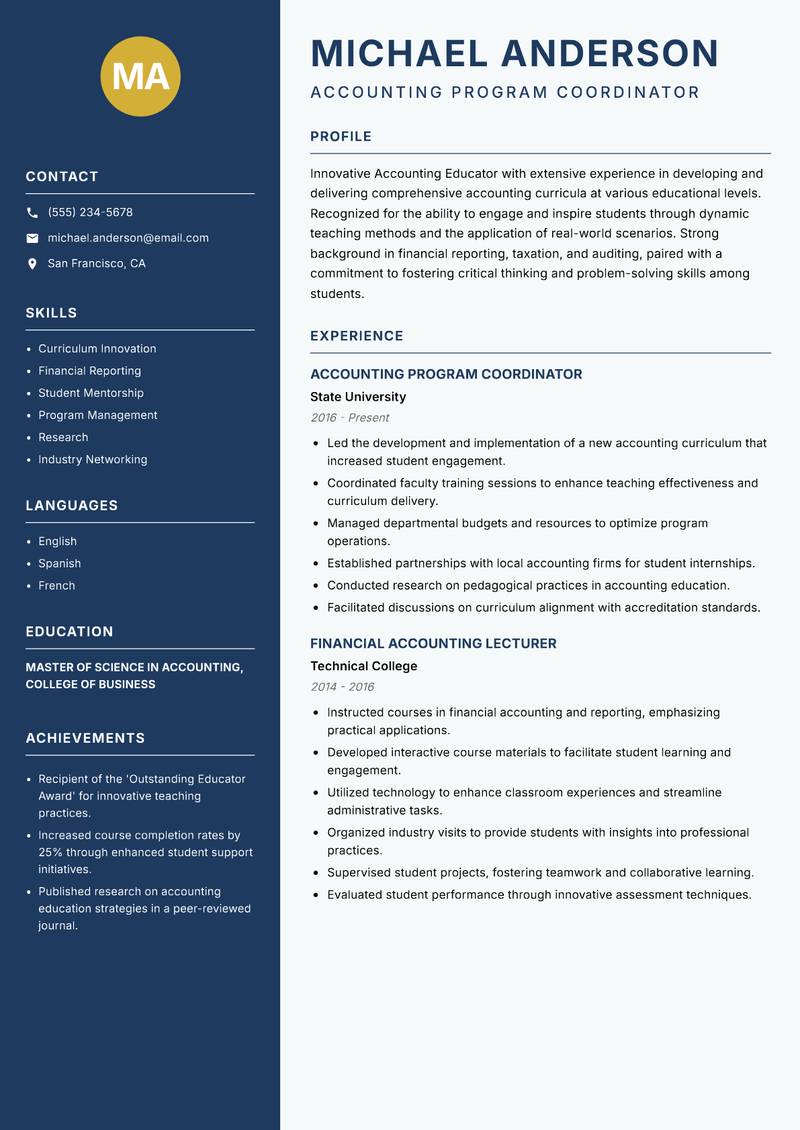 Accounting Educator resume sample — Accounting Program Coordinator focus