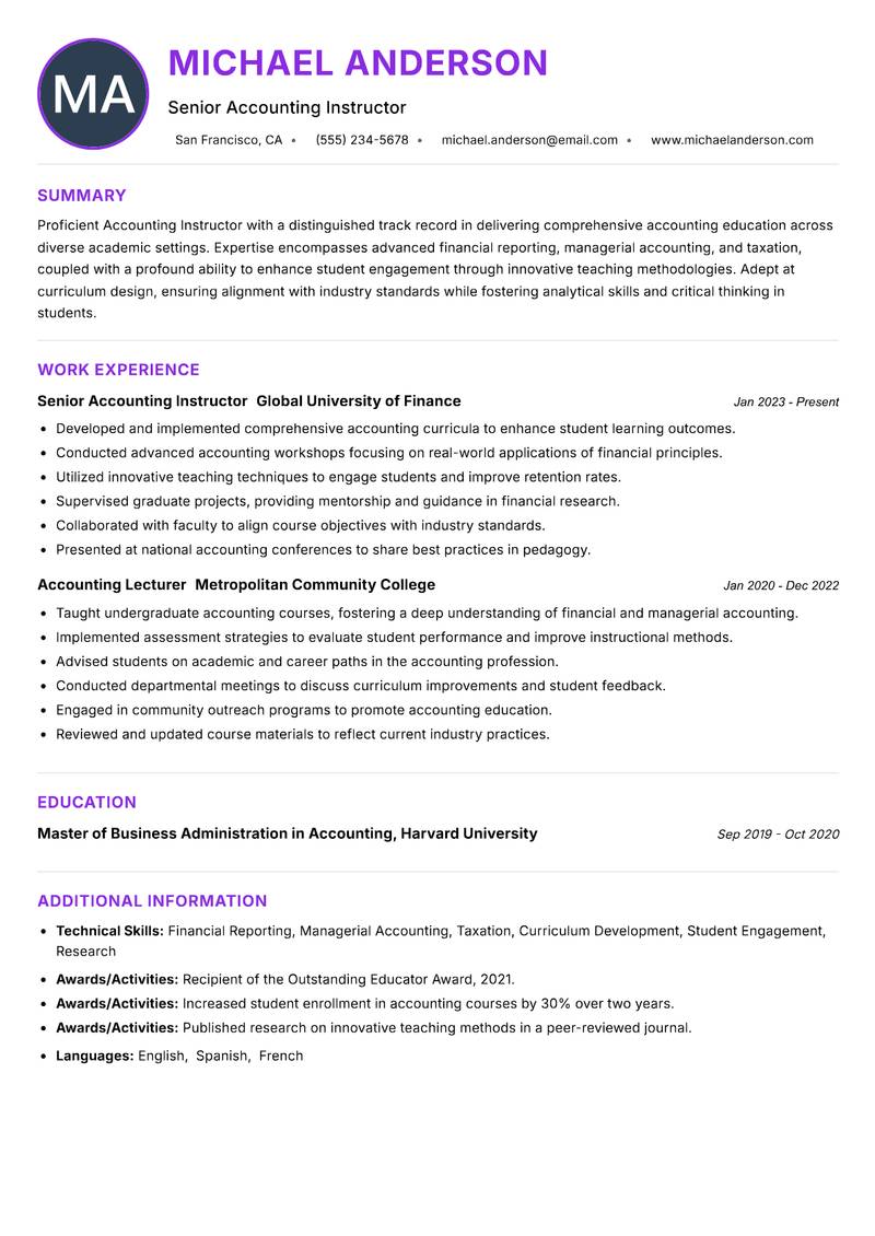 Accounting Instructor resume example