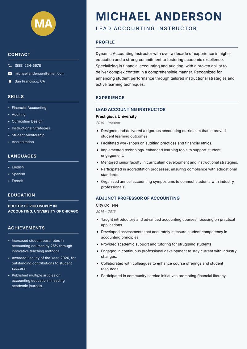 Accounting Instructor resume sample — Lead Accounting Instructor focus