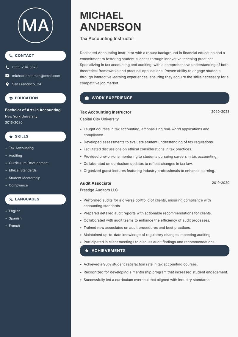 Accounting Instructor resume sample — Tax Accounting Instructor focus