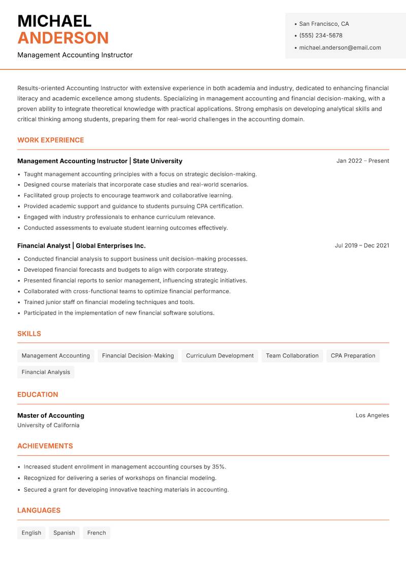 Accounting Instructor resume sample — Management Accounting Instructor focus