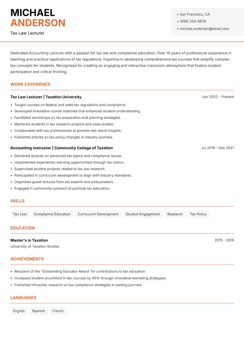 Accounting Lecturer resume sample — Tax Law Lecturer focus