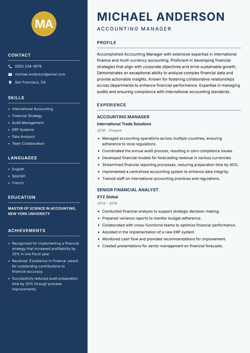 Accounting Manager resume sample — Accounting Manager focus