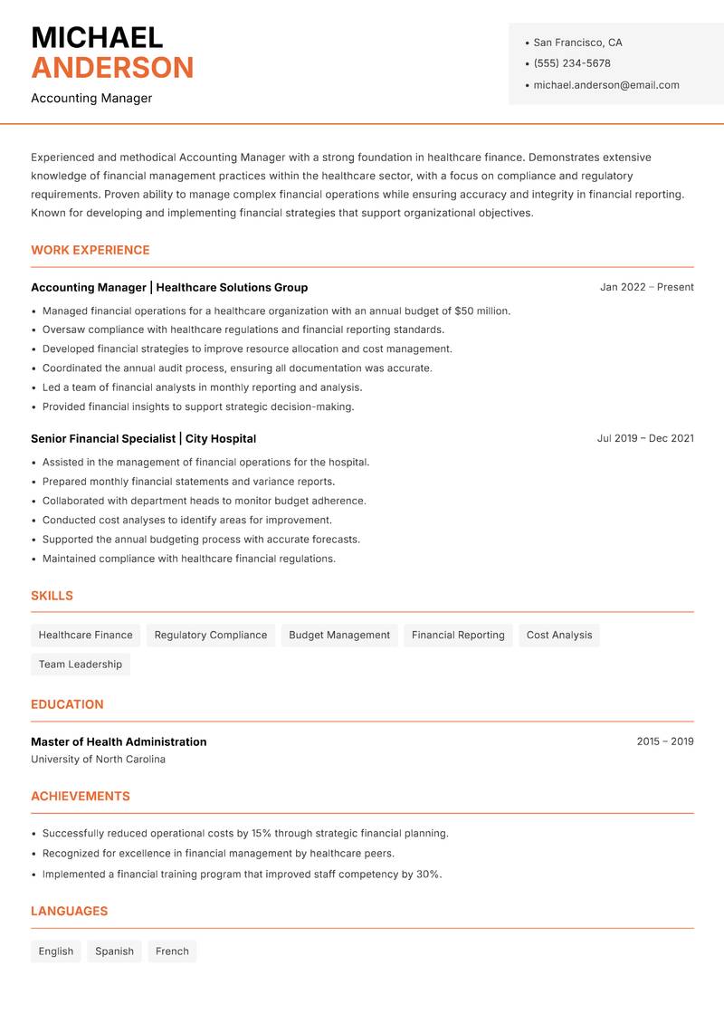 Accounting Manager resume sample — Accounting Manager focus