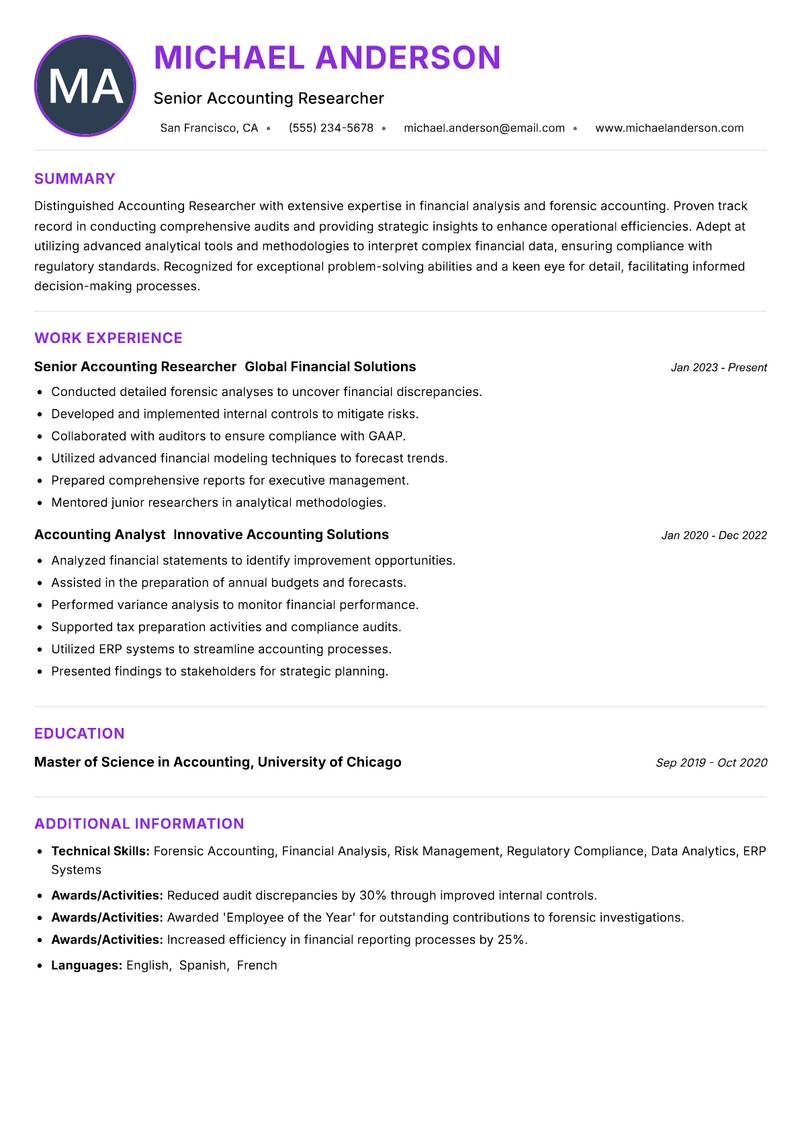 Accounting Researcher resume example