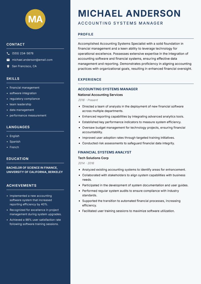 Accounting Systems Specialist resume sample — Accounting Systems Manager focus