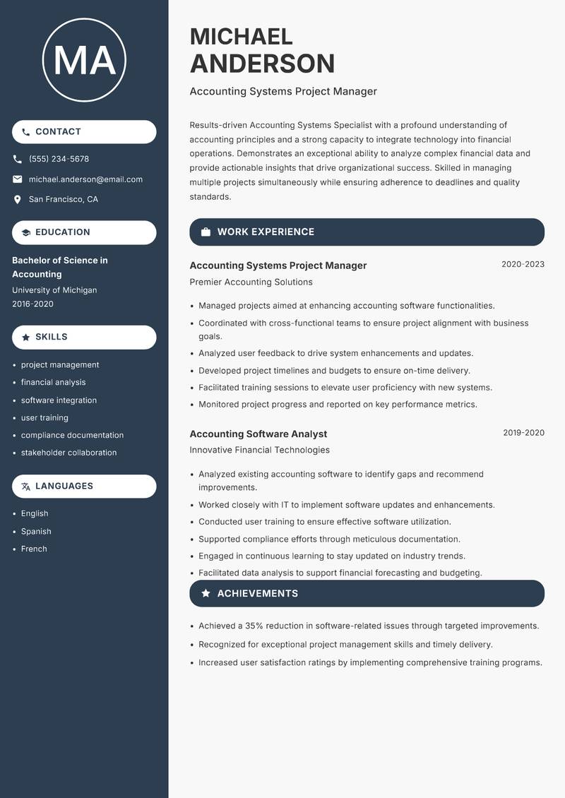 Accounting Systems Specialist resume sample — Accounting Systems Project Manager focus