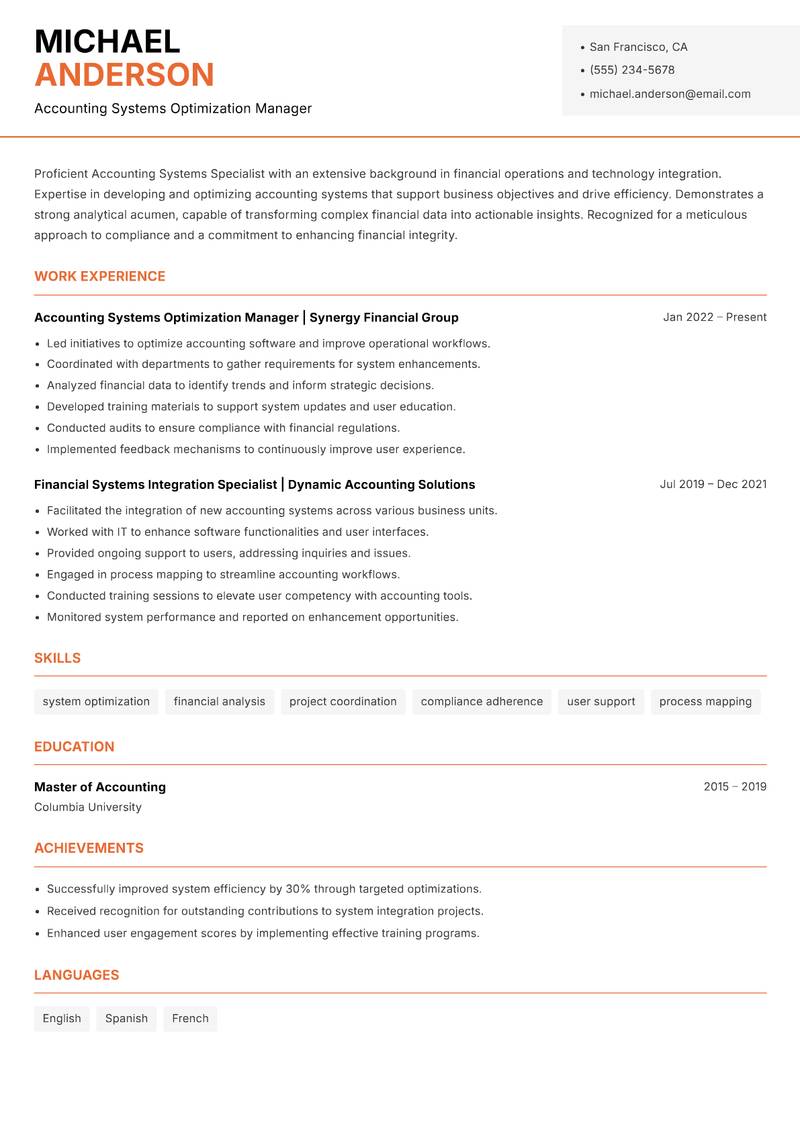 Accounting Systems Specialist resume sample — Accounting Systems Optimization Manager focus