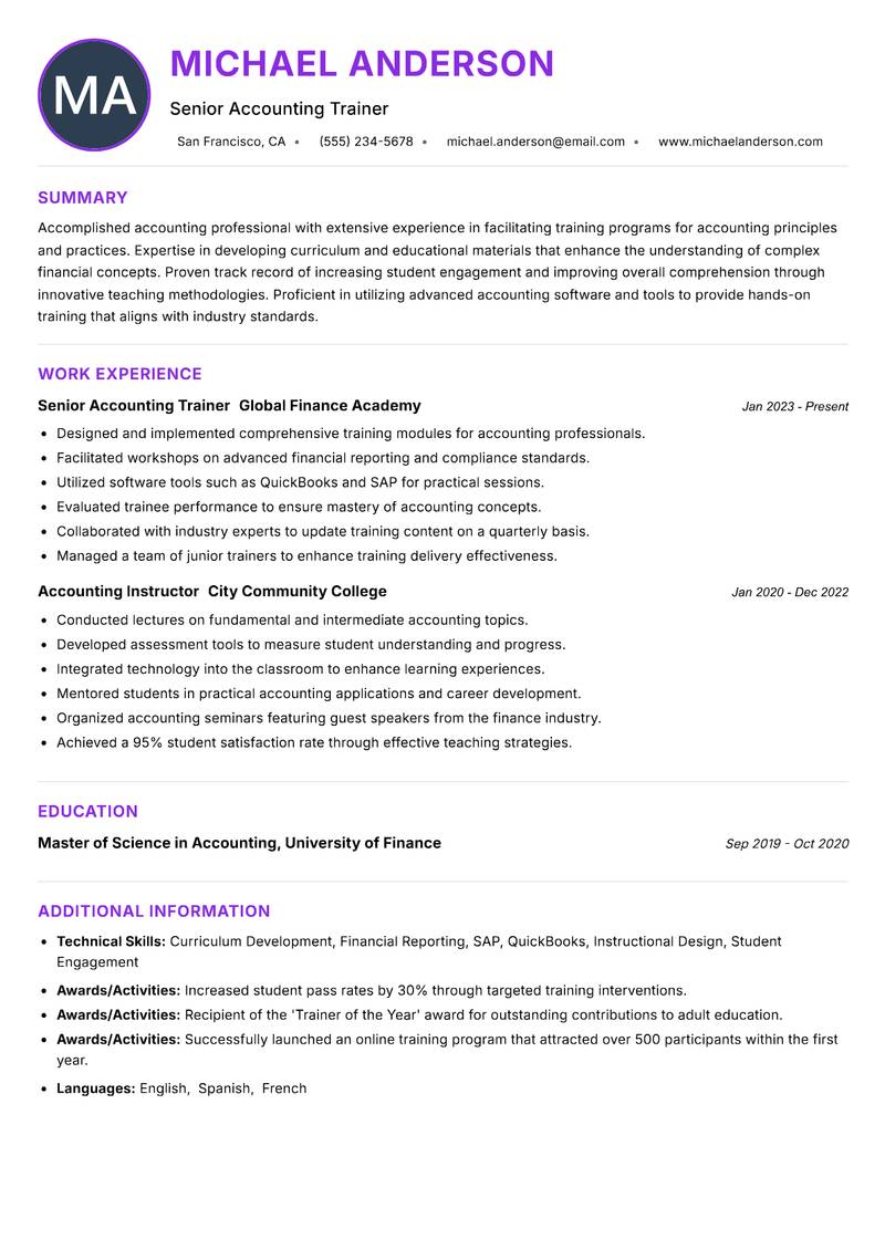 Accounting Trainer resume example