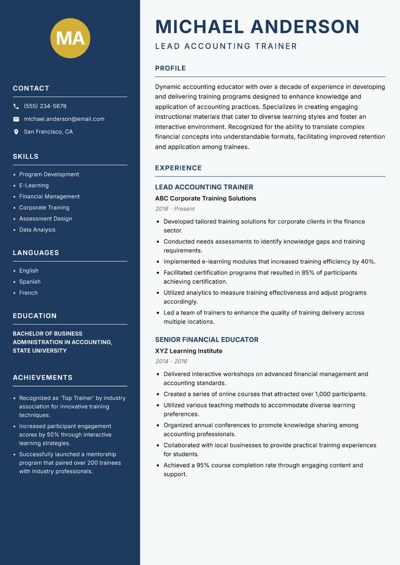 Accounting Trainer resume sample — Lead Accounting Trainer focus