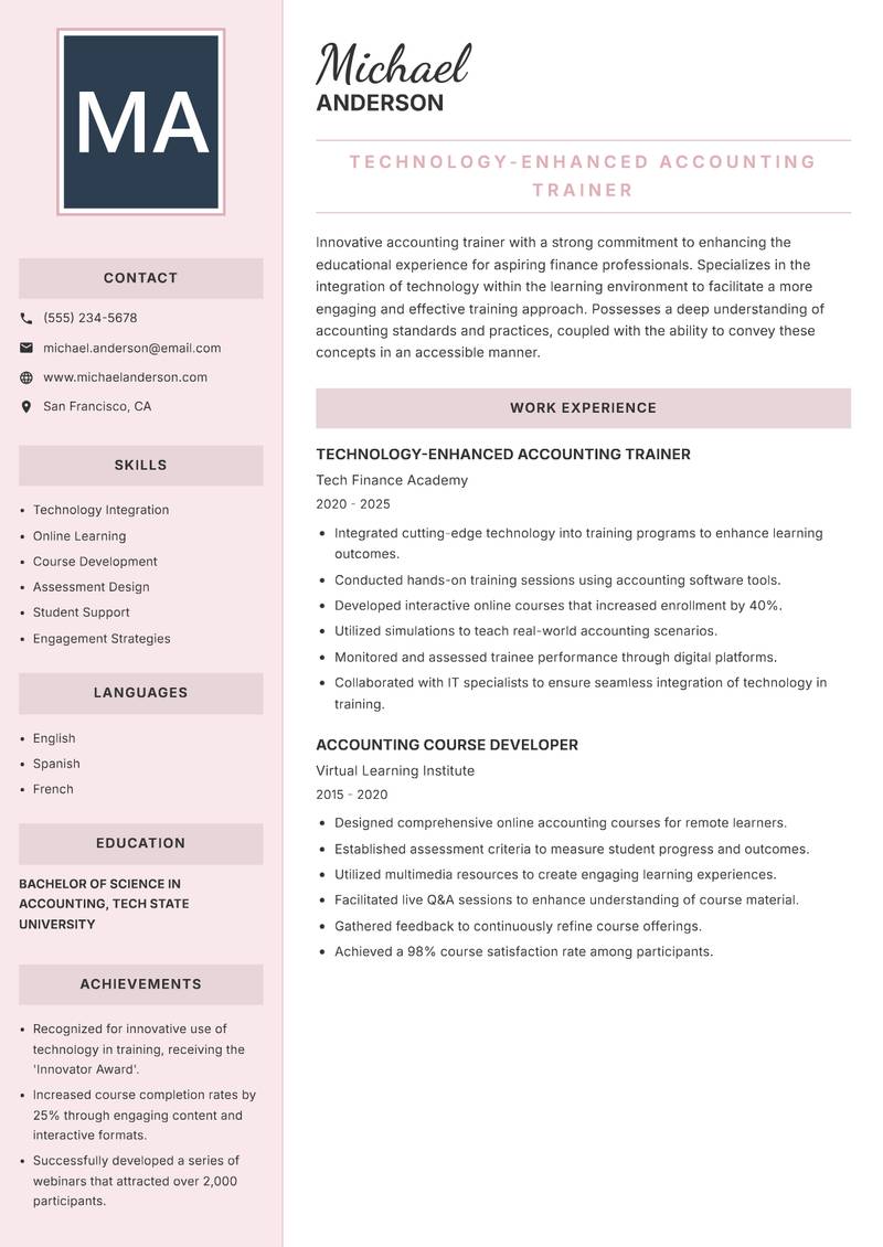 Accounting Trainer resume sample — Technology-Enhanced Accounting Trainer focus