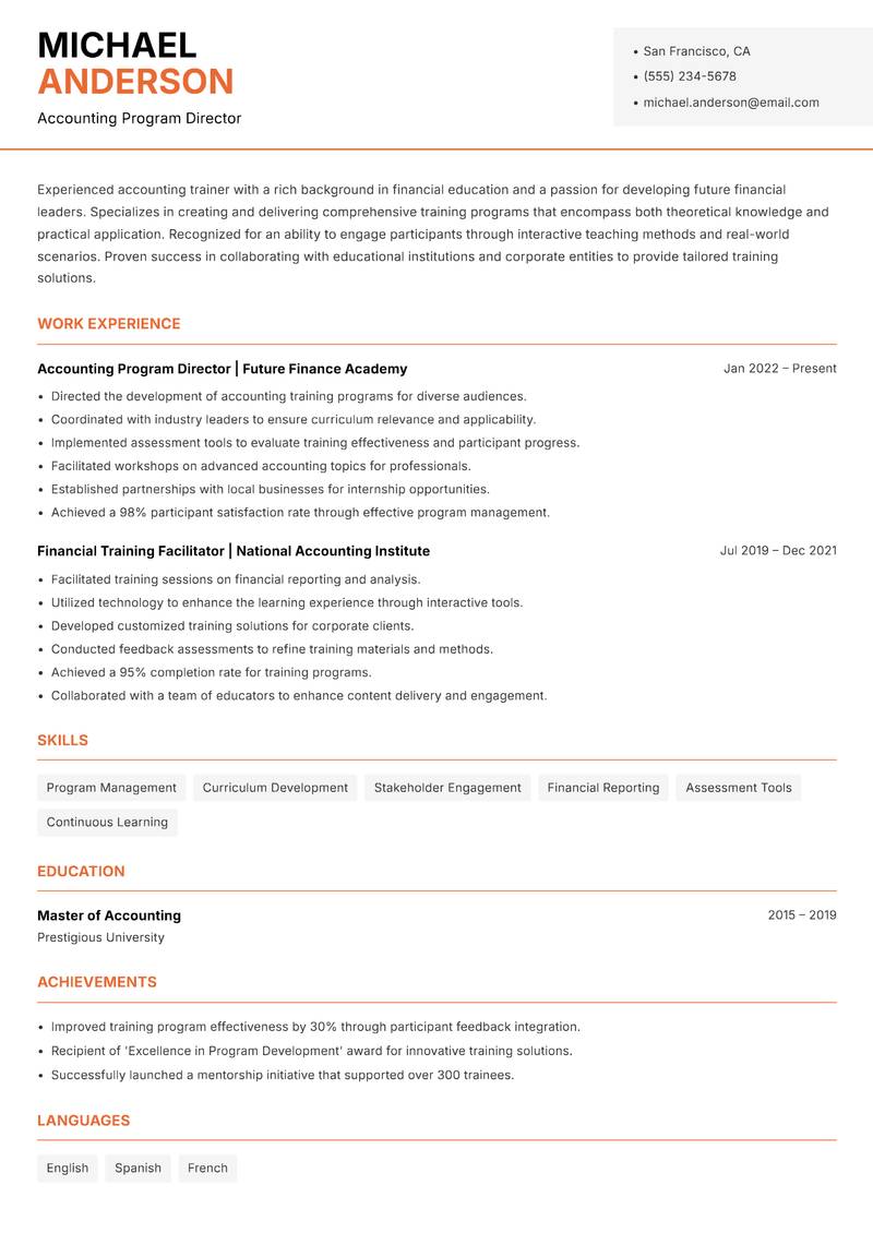 Accounting Trainer resume sample — Accounting Program Director focus