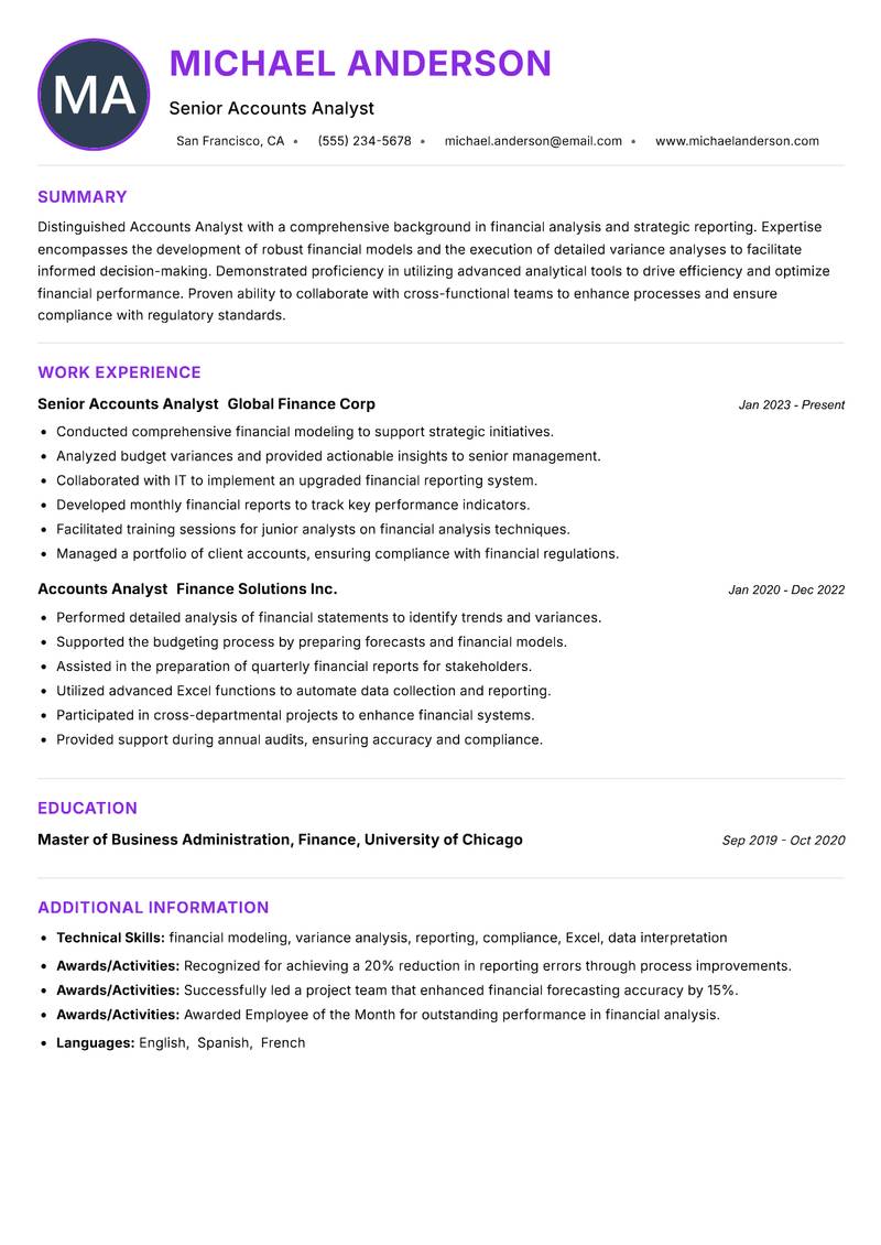 Accounts Analyst resume example